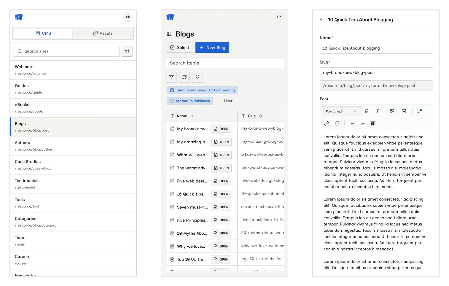 Wicked CMS on a phone with the collections menu, items list, and item editor