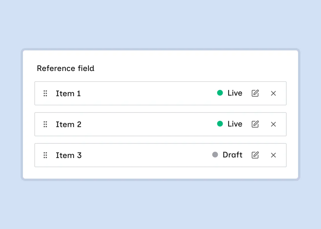 Multi-reference field rows showing linked item names, Live and Draft status, Edit (pencil), and Remove controls