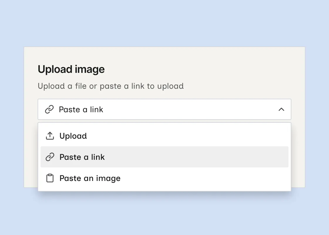 Upload image dialog with Paste a link selected