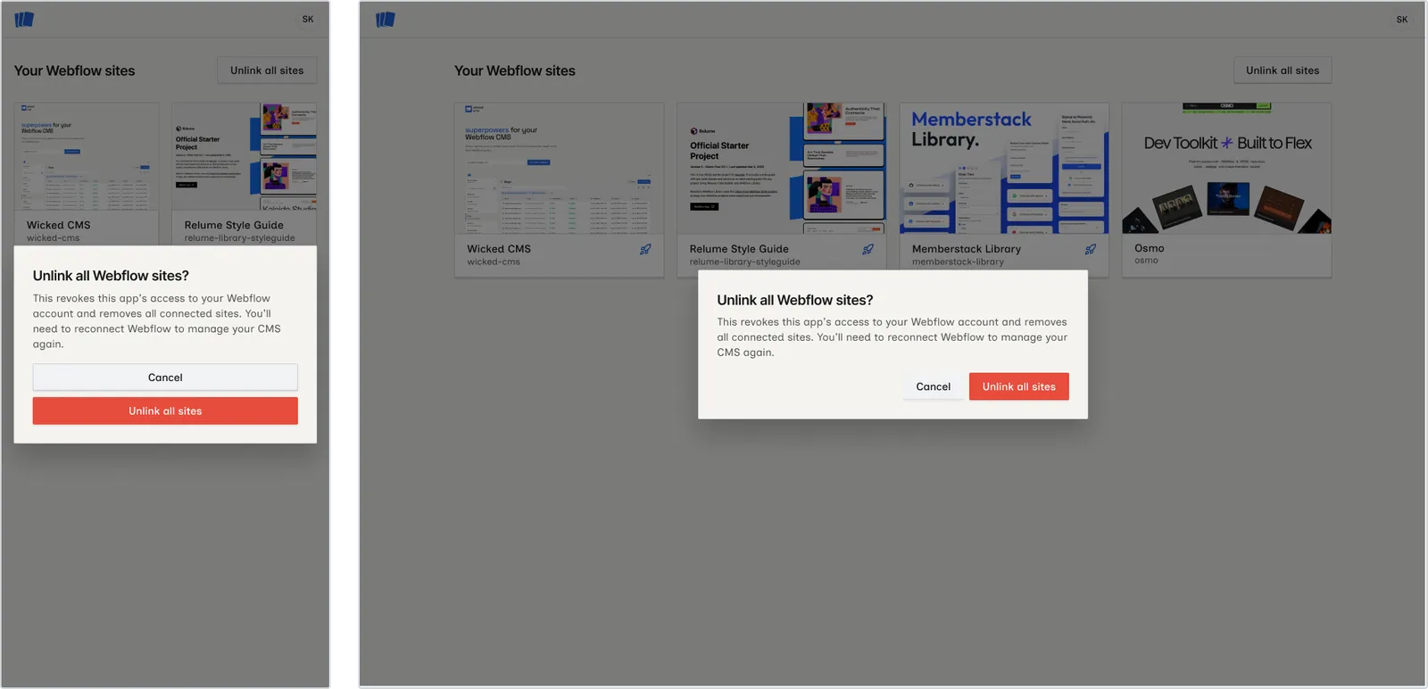 Unlink all sites dialog