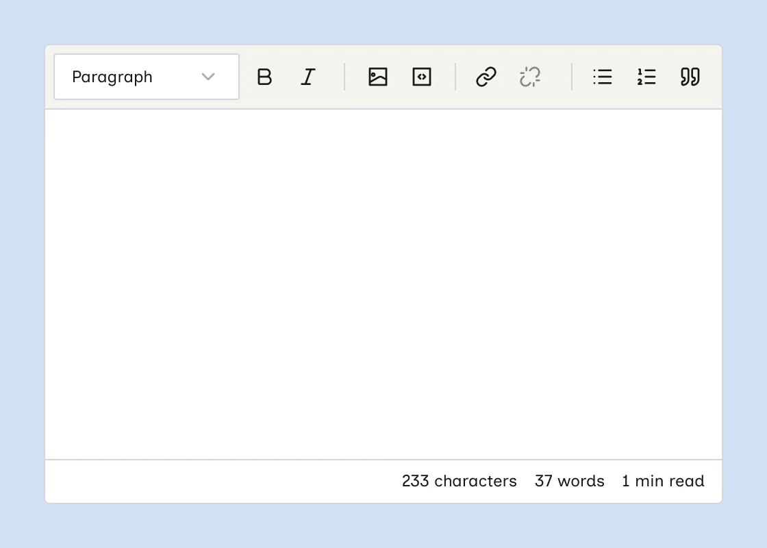 Rich text editor toolbar with content stats at the bottom