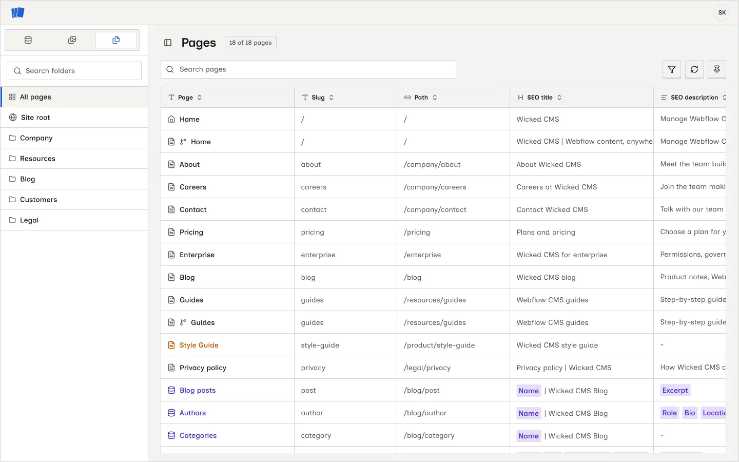 Pages workspace with folder sidebar and pages table